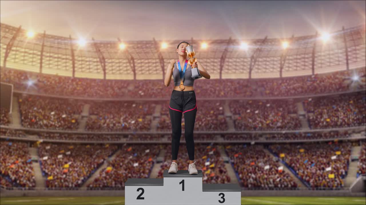 atleta mujer ganando un trofeo en el podio