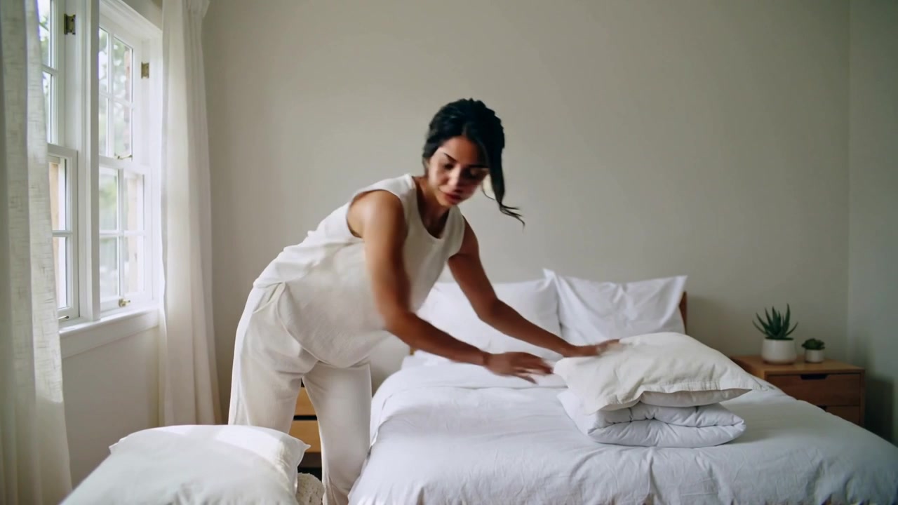 Donna in abbigliamento da casa leggero che raccoglie cuscini, attraversando la camera da letto, impilando e riordinando la biancheria da letto