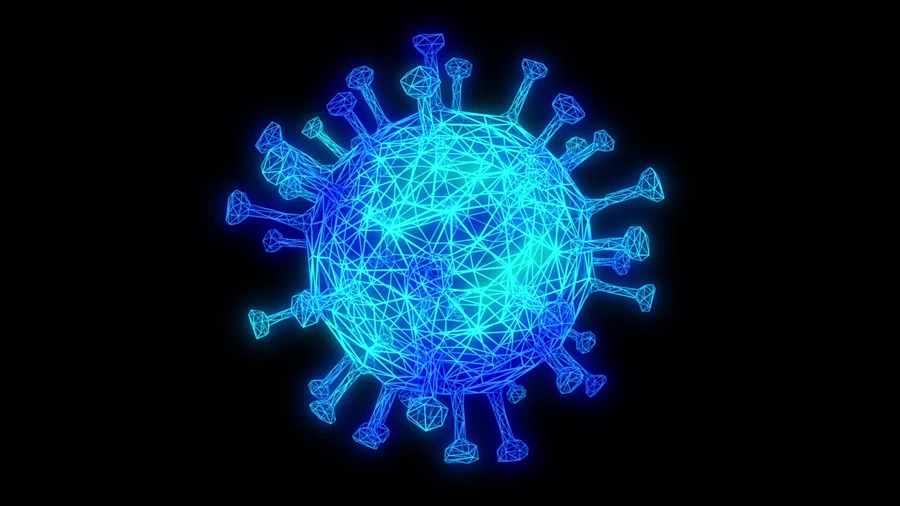 célula de coronavirus modelo de polígono de movimiento de bucle aislado en fondo negro con canal alfa en la sección final.
