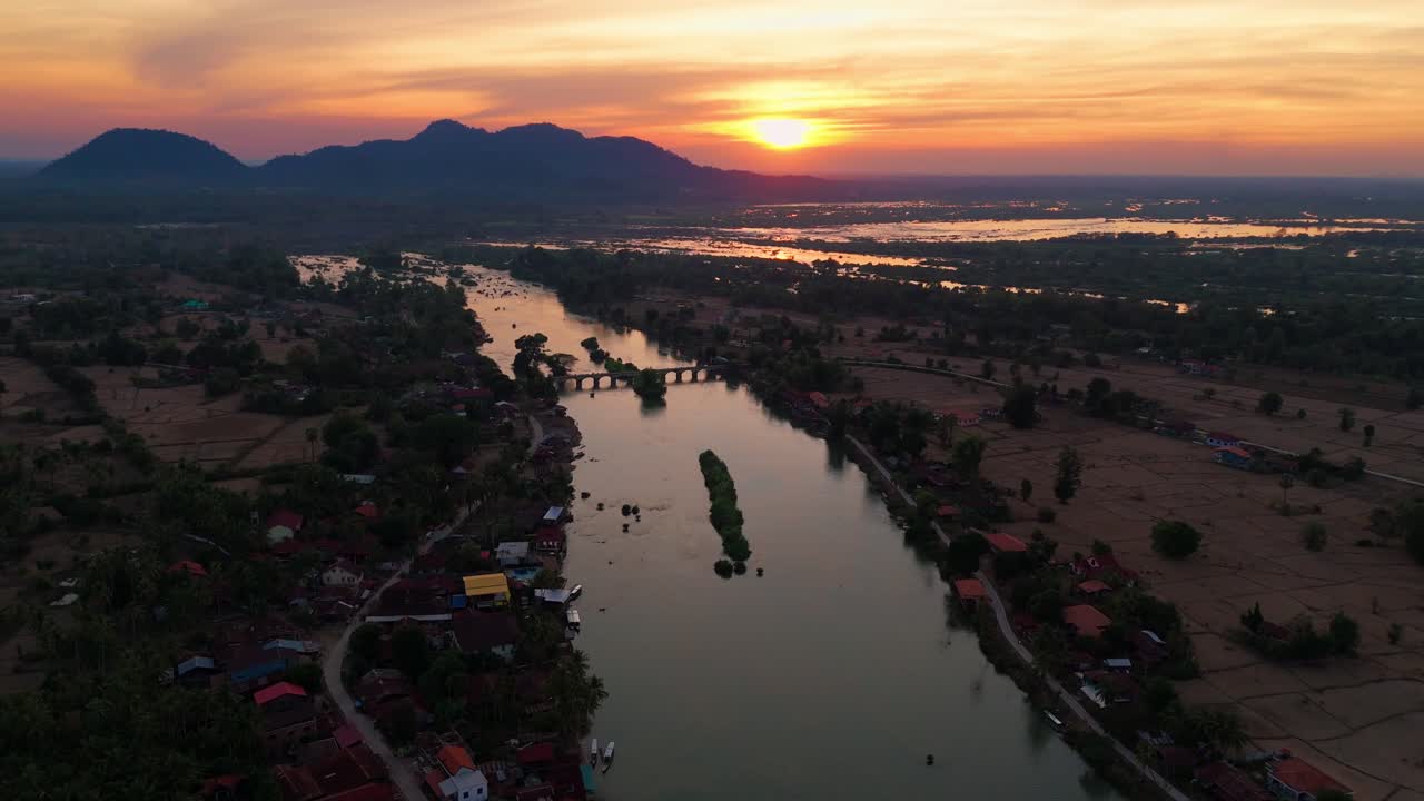 Laos Aerial sunset view of Don det and 4000 island Mekong river