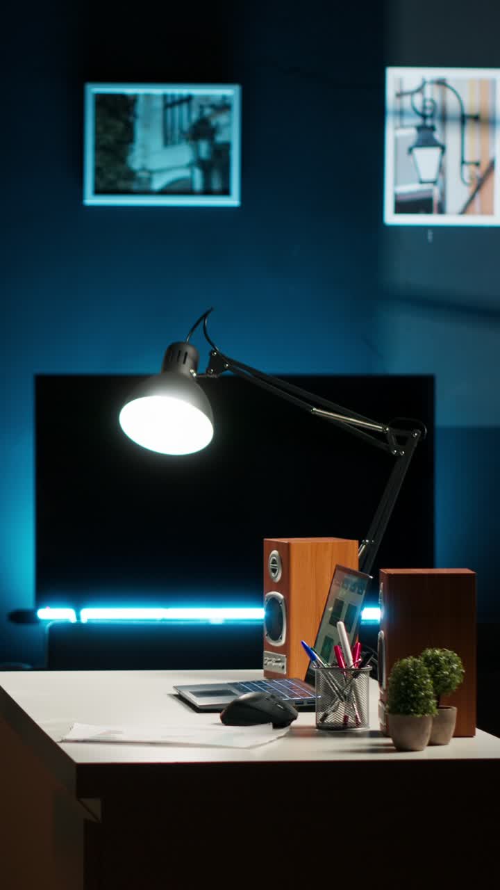 Desk setup with laptop and speakers