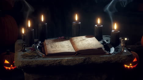 mysterious occult setup with spellbook, candles, and jack-o'-lanterns