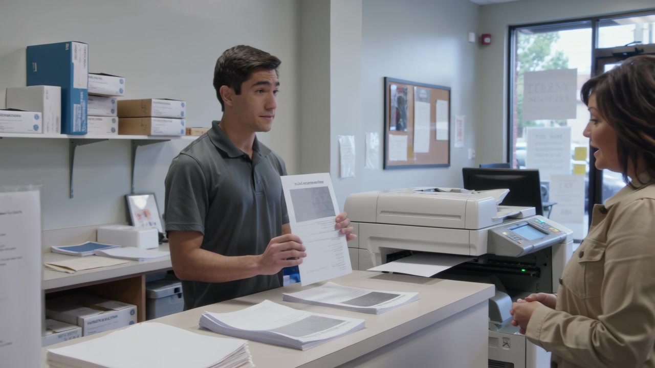 Sorting print clerk grey polo showing sheet and handing stack after printer finishing at counter