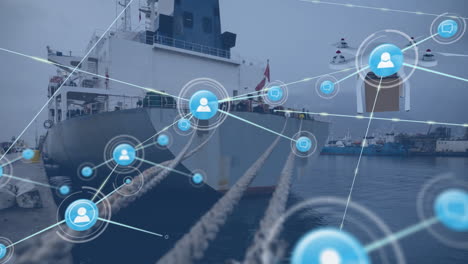 animación de redes de conexiones y drones digitales con iconos sobre puerto