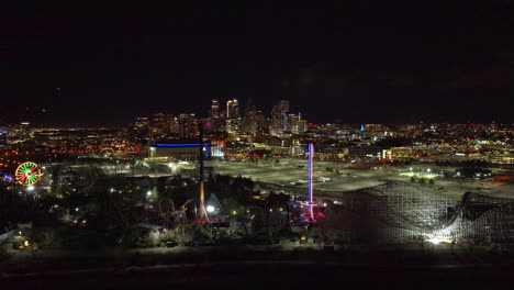 Aerial-view-of-Push-in-on-Downtown-Denver-at-Night