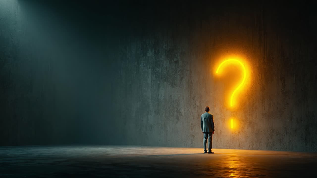 A Figure Contemplating Life's Questions: The Reflection on Uncertainty and Search for Meaning Illustrated by a Neon Question Mark in a Dimly Lit Room