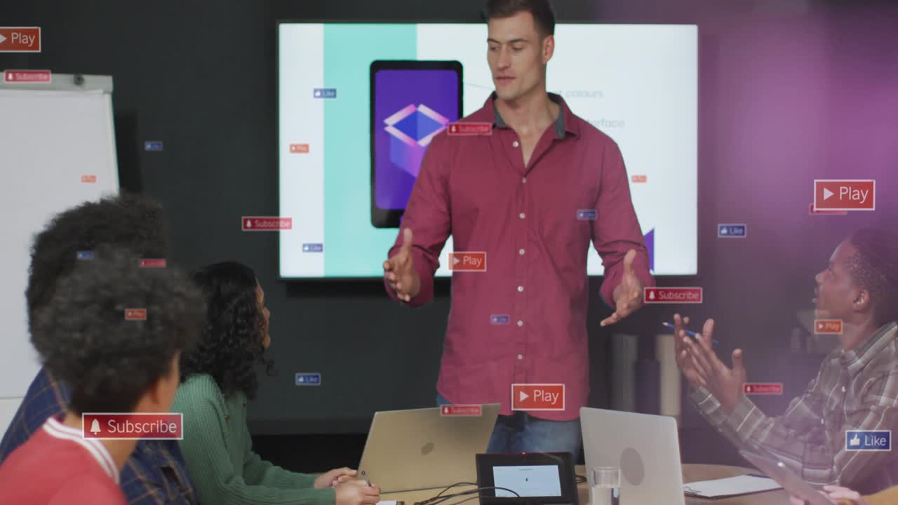 Presenter addressing team in business meeting explaining tablet, overlays popping team clapping
