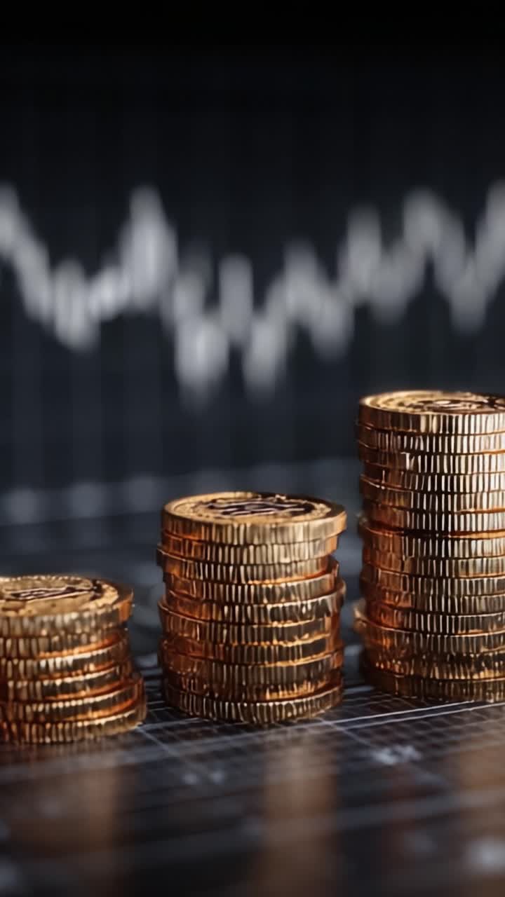Et nærbillede af stablede guldmønter, der afspejler finansiel vækst mod et stigende diagram, symboliserer rigdom og investeringstendenser.