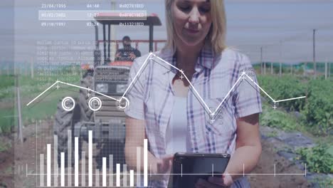 animation of statistics and data over caucasian businesswoman using tablet in field