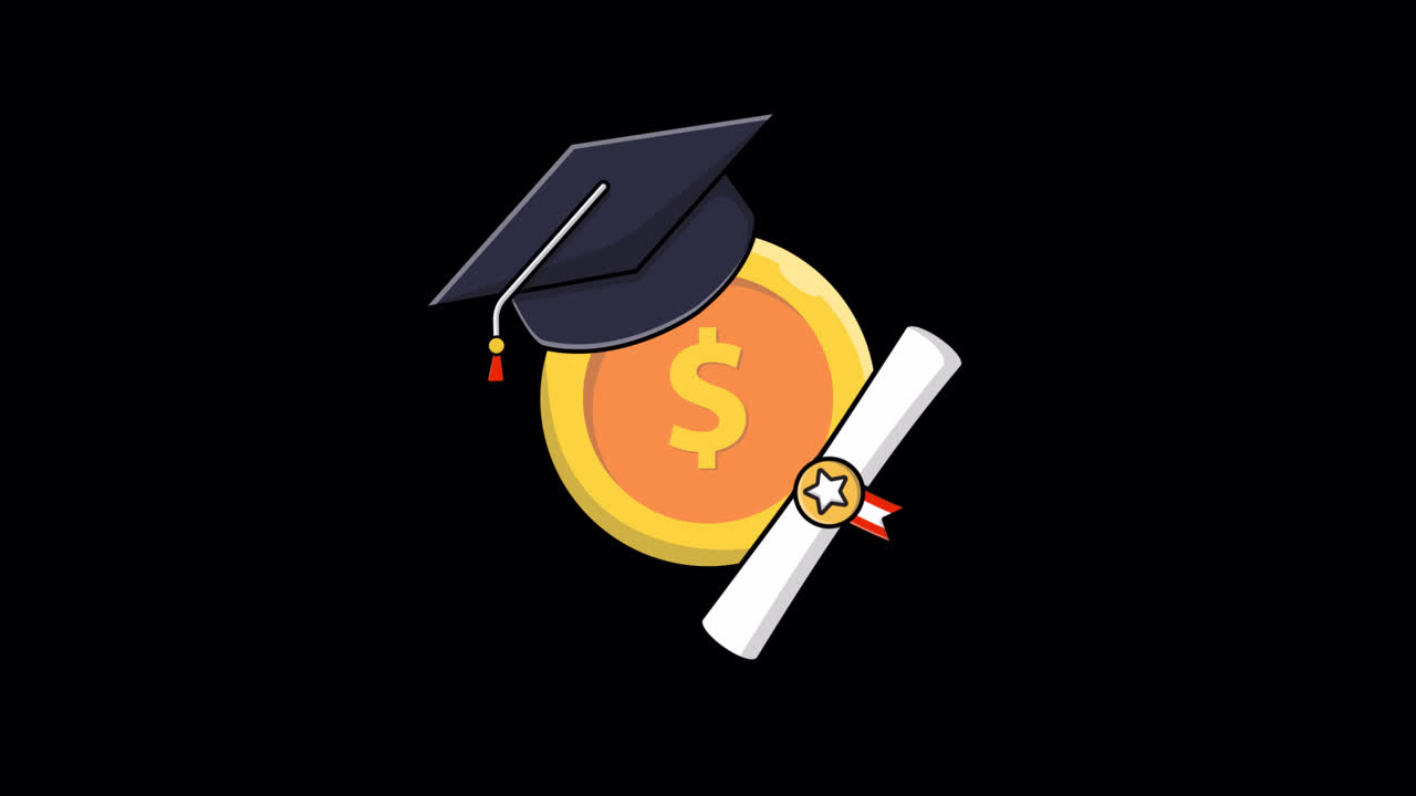 Animated Graduation Cap, Dollar Coin, and Diploma