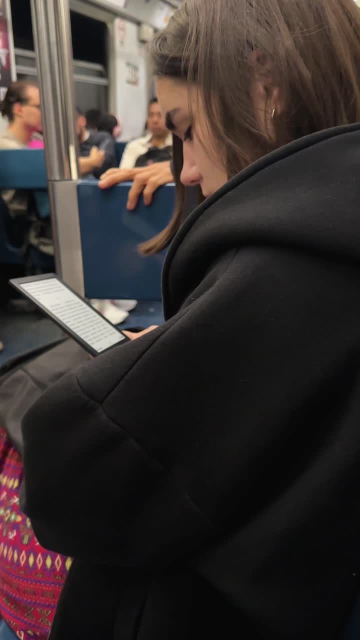 Young woman reading an e-book on the subway