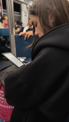 young woman reading an e-book on the subway