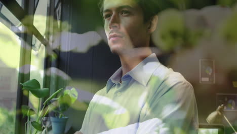 animación de las plantas sobre el hombre de negocios caucásico en la oficina