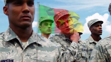 Animation-of-flag-of-cameroon-over-diverse-male-soldiers