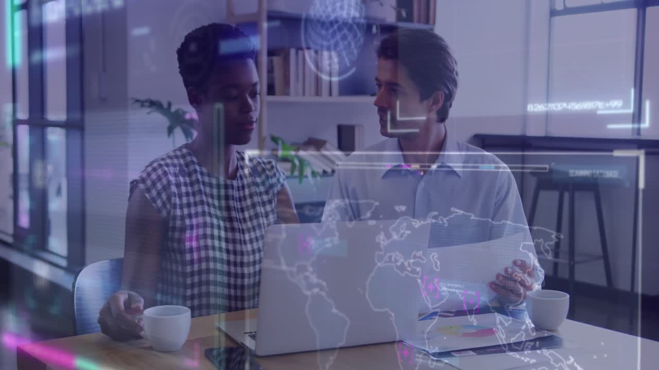 Animation of data processing over diverse business people working in office