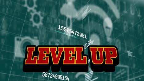 Animation-of-level-up-text-over-numbers,-digital-icons-and-data-processing