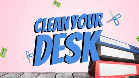 animation of clean your desk text over office items over pink background