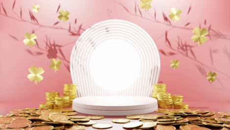 prosperity in bloom: golden coins and clover leaves surrounding a white circular display red background mockup