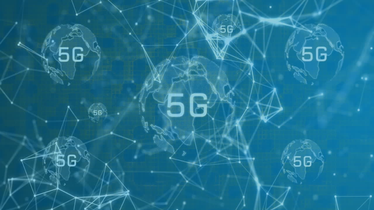 animación de texto 5g, red de conexiones y procesamiento de datos sobre globos sobre fondo azul