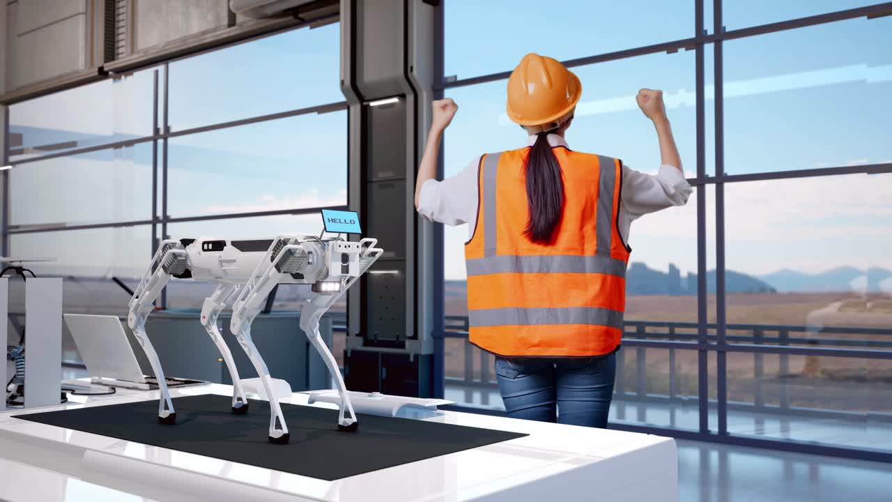 vista trasera completa del cuerpo de una ingeniera con casco de seguridad levantando las manos celebrando mientras trabaja en una fábrica de alta tecnología, analizando el concepto de máquina robótica