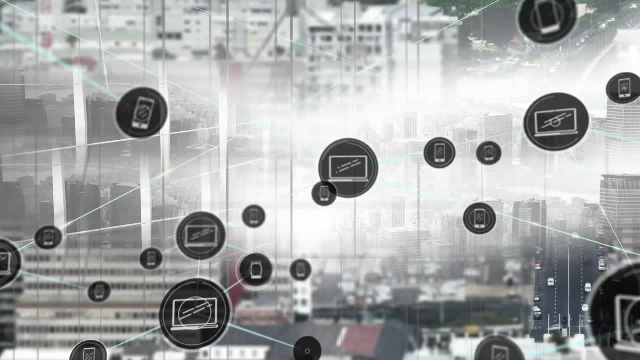 都市風景上のアイコンの接続ネットワークのアニメーション