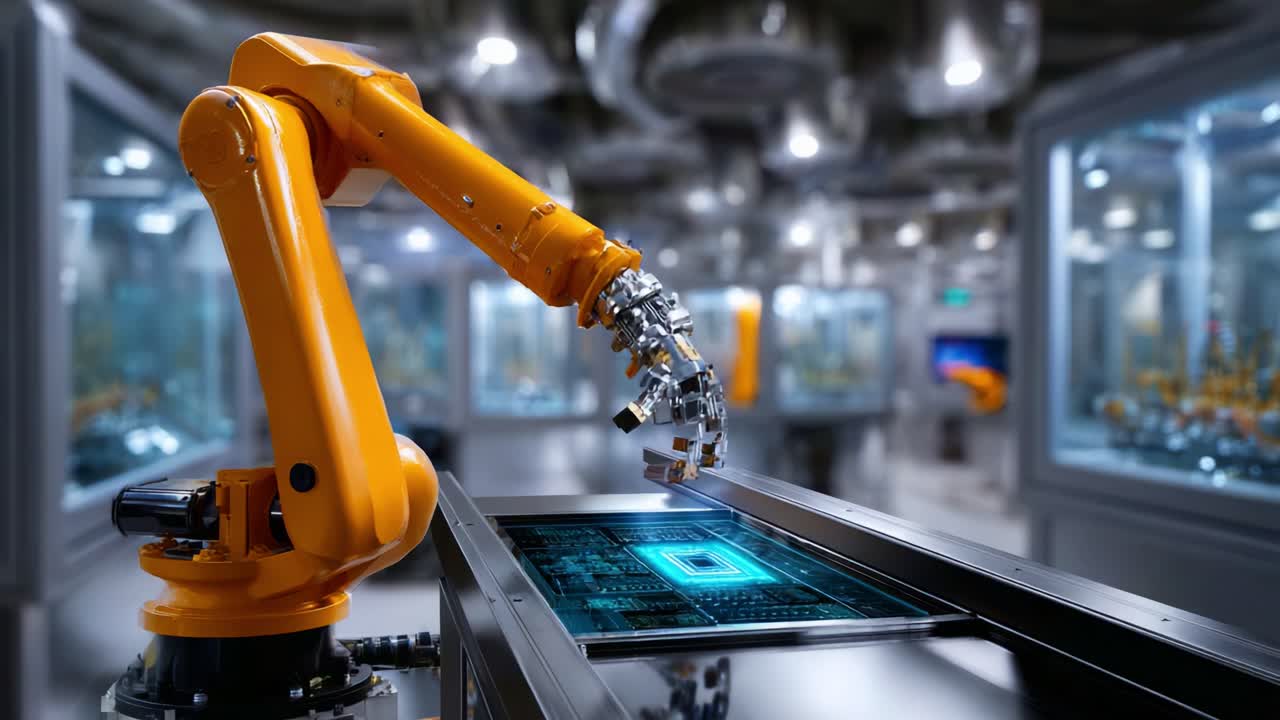 Braccio robotico avanzato impegnato in una produzione di precisione con interfaccia digitale in un ambiente industriale high-tech che mostra automazione e innovazione