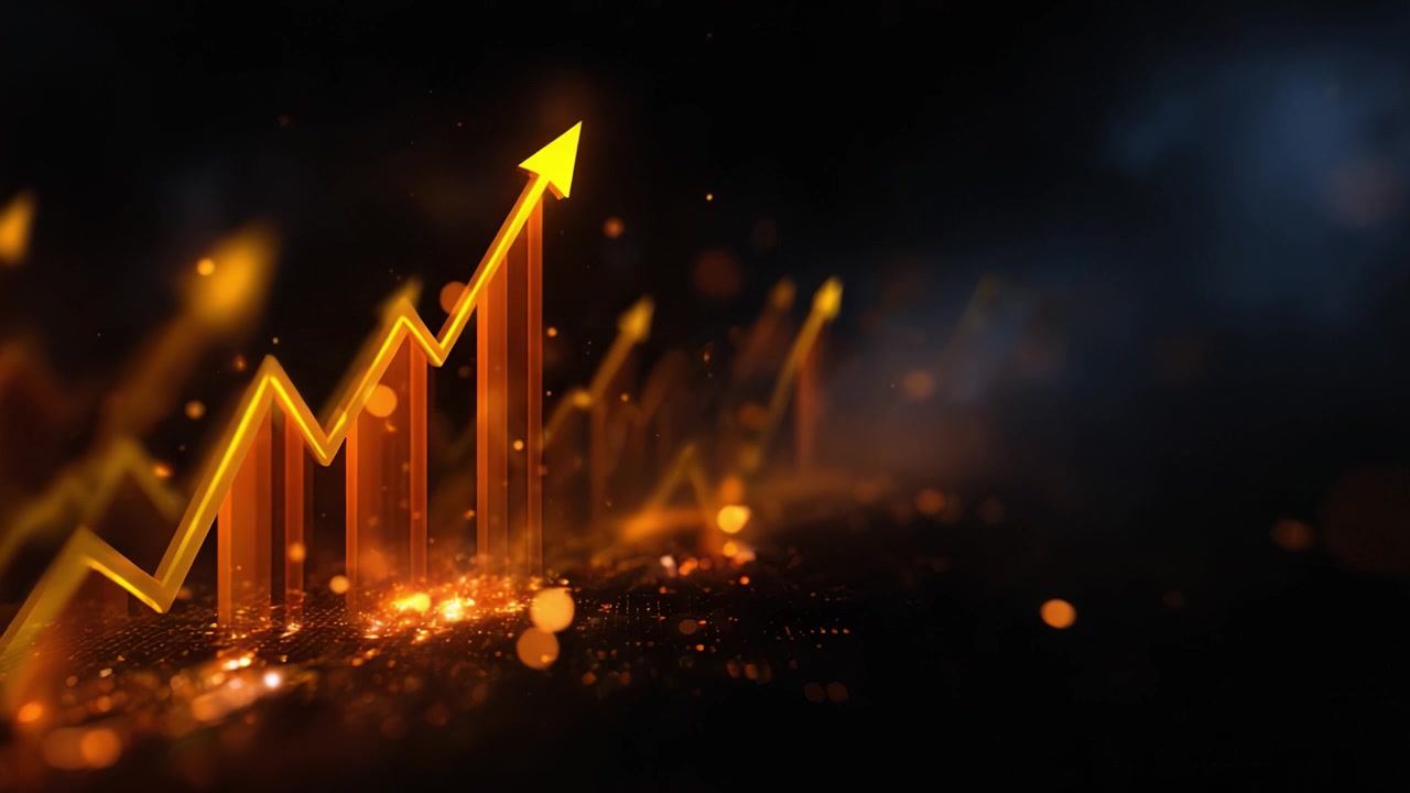 Dynamic Financial Growth Visualization with an Ascending Arrow and Glowing Golden Bars on a Dark Background Symbolizing Progress and Success in Business