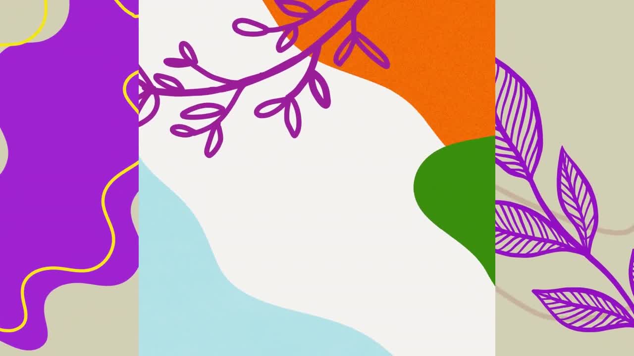 animación de hojas púrpuras con formas orgánicas coloridas en un fondo dividido