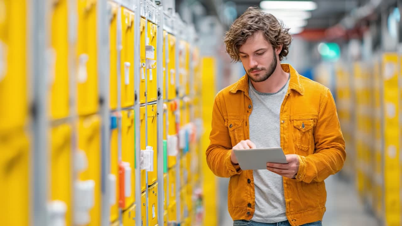 A young man in a yellow jacket deeply focused on his tablet device as he navigates through a storage facility filled with orderly yellow lockers, showcasing a blend of technology and organization