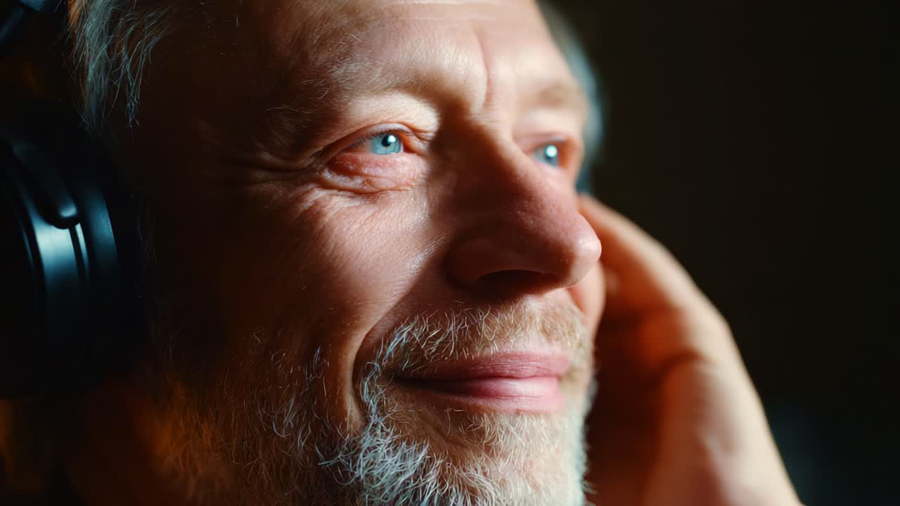A Thoughtful Older Man Enjoying Music with Headphones, Capturing Relaxation and Emotion in a Dimly Lit Atmosphere, Highlighting the Connection between Sound and Memory in His Reflective Expression