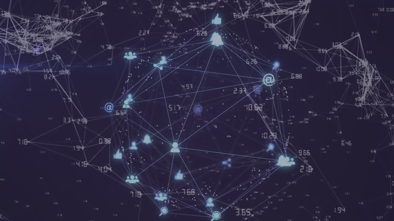 animación de un globo de iconos digitales brillantes y una red de conexiones contra un fondo azul.