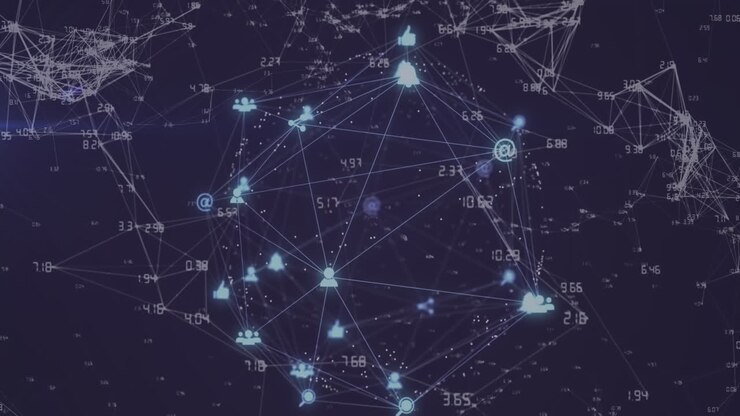 Animation of globe of glowing digital icons and network of connections against blue background