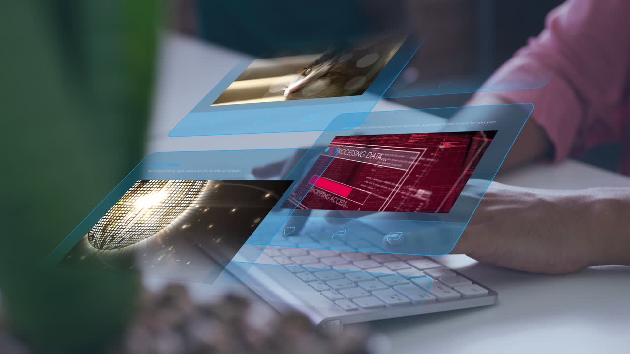 Animation of social media posts over hands typing on keyword