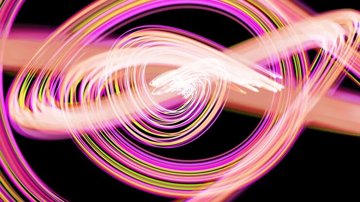 Light flow bg in 4k. Abstract looped background with light trails, stream of green red yellow neon lines in space move to form spiral shapes. Modern trendy motion design background light effect