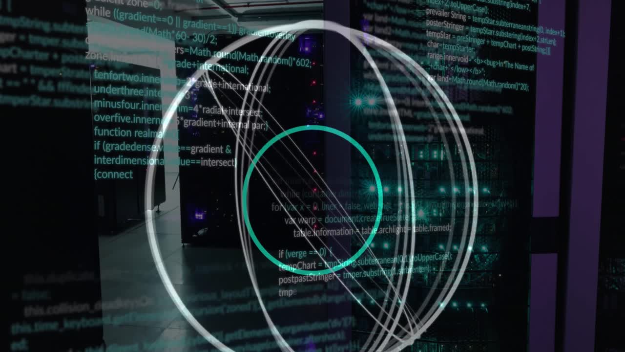 Animation of abstract circular shapes spinning and data processing against computer server room