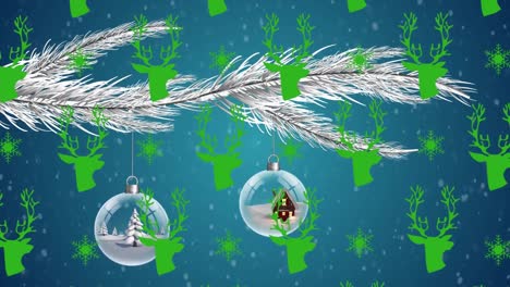 Animation-of-reindeer-head-repeated-over-christmas-tree-with-ornaments