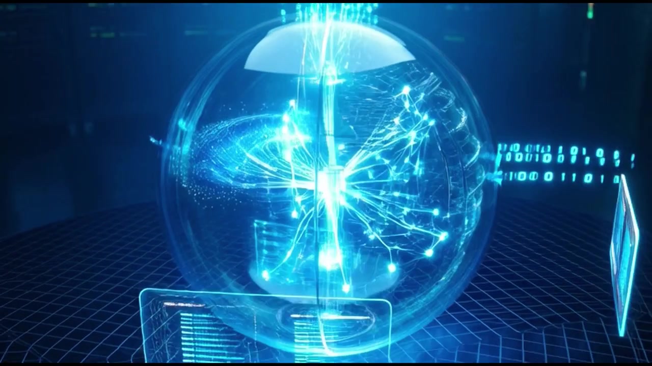 Digital Data Sphere with Glowing Network Connections and Binary Code