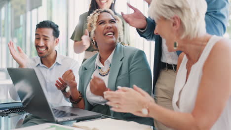 Business-people,-laptop-or-success-clapping