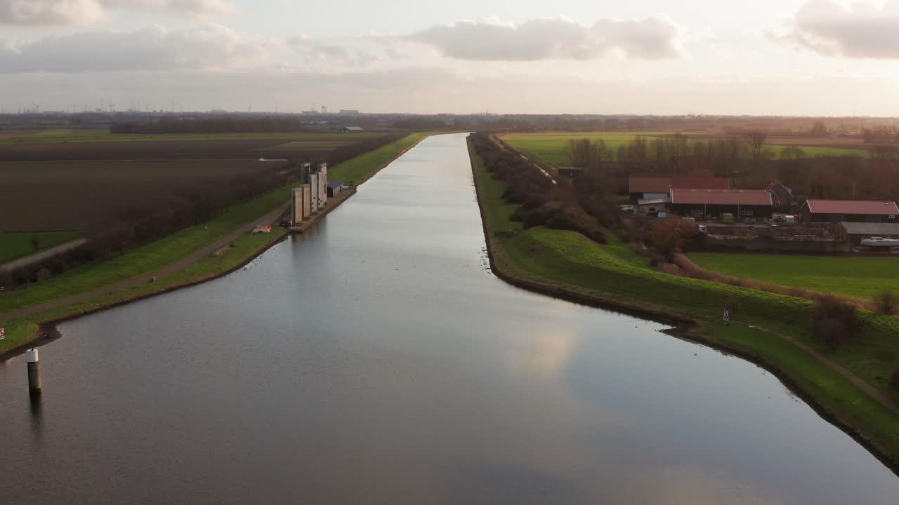 Indsejlingen til kanalen gennem Walcheren med landbrugsjord i baggrunden. Dronebillede.