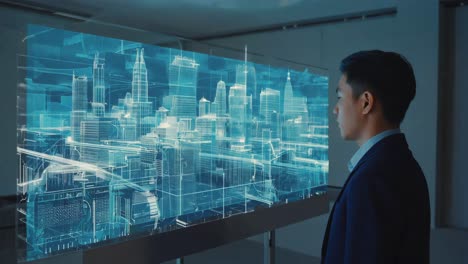 Man examining a holographic city model