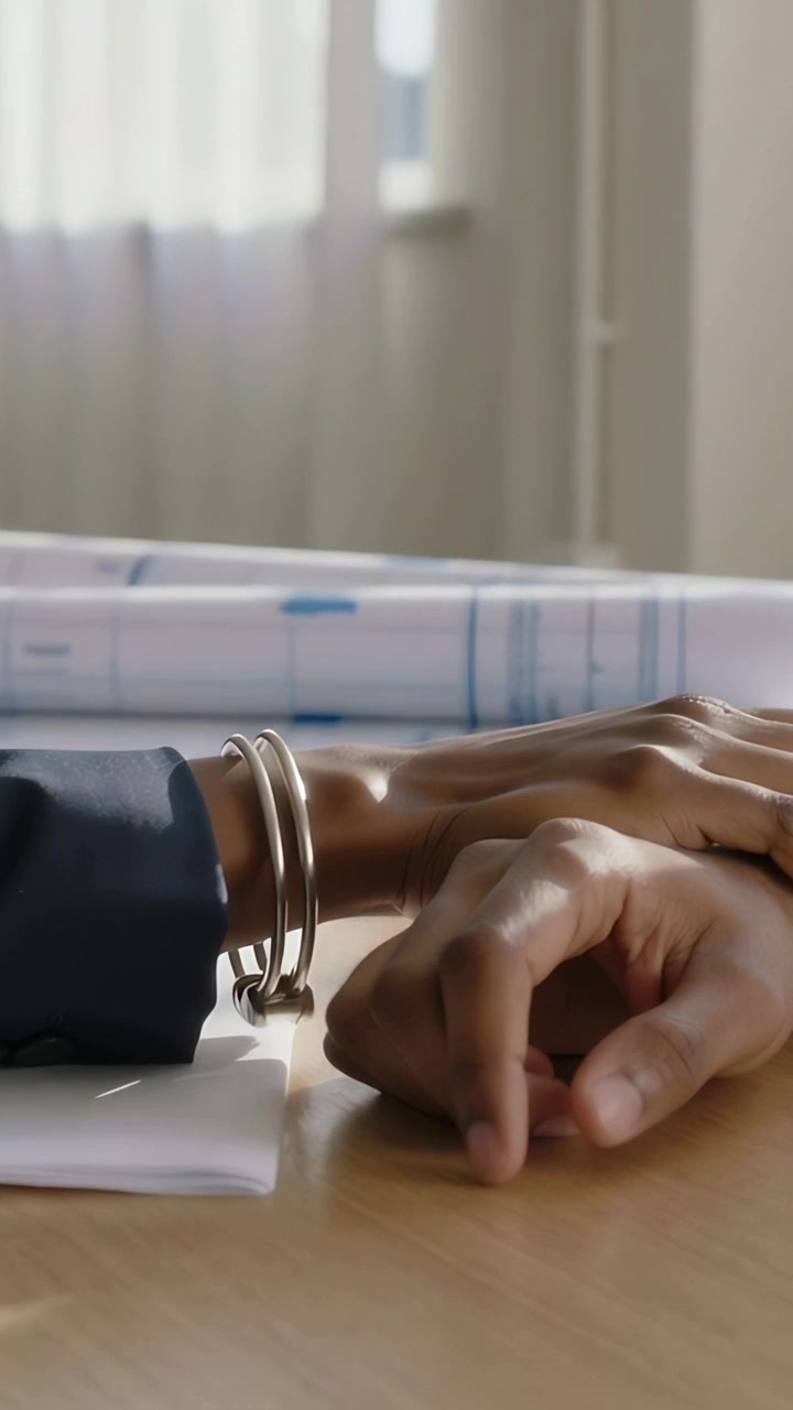 Vertical video: Placing suited hand with bracelets over hand on table during review giving comfort