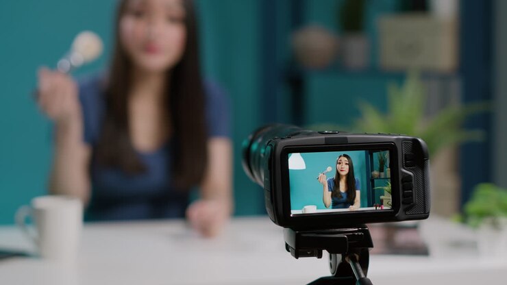 Giovane influencer che recensisce un pennello da trucco in un video