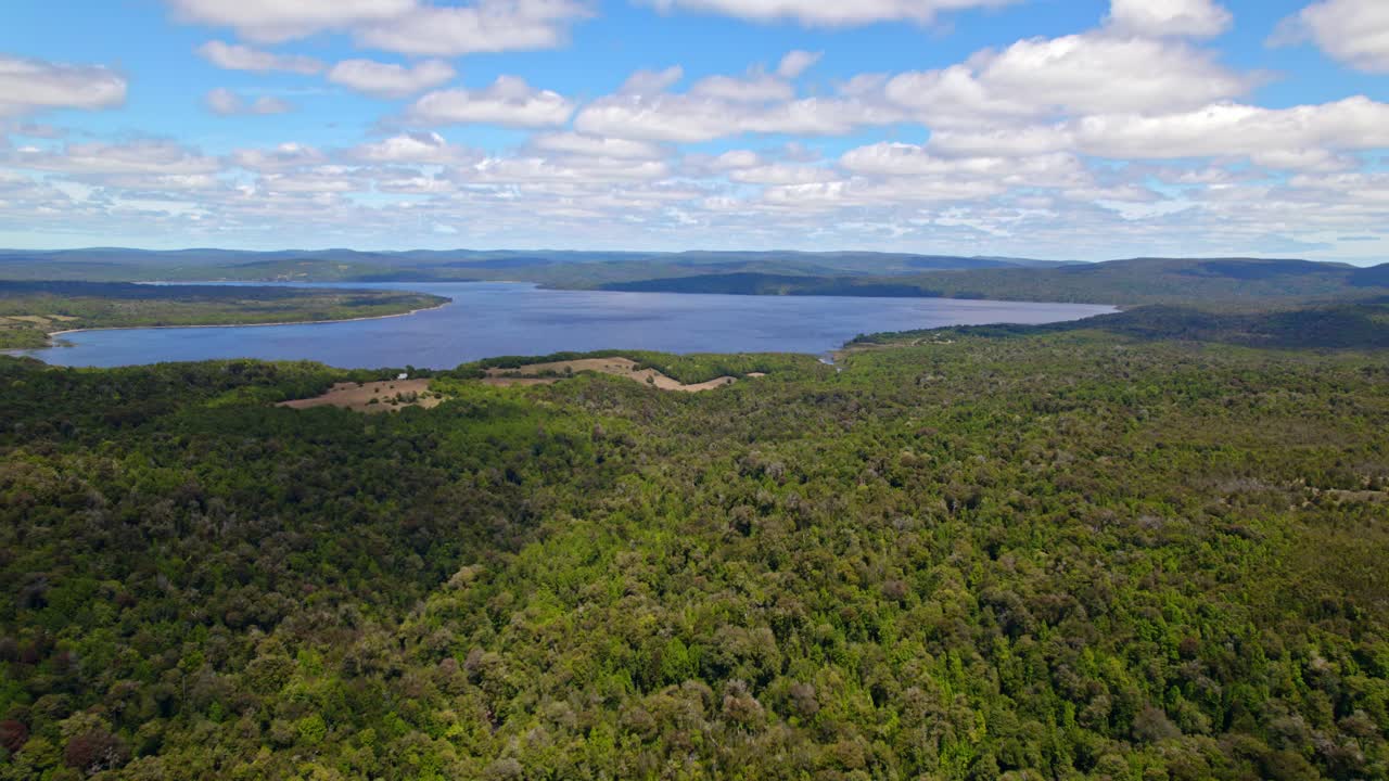 칠레 남부 칠레의 칠로에에 있는 린코 호수와 테푸헤이코 공원의 푸른 숲의 파노라마적 새의 눈으로 볼 수 있다.