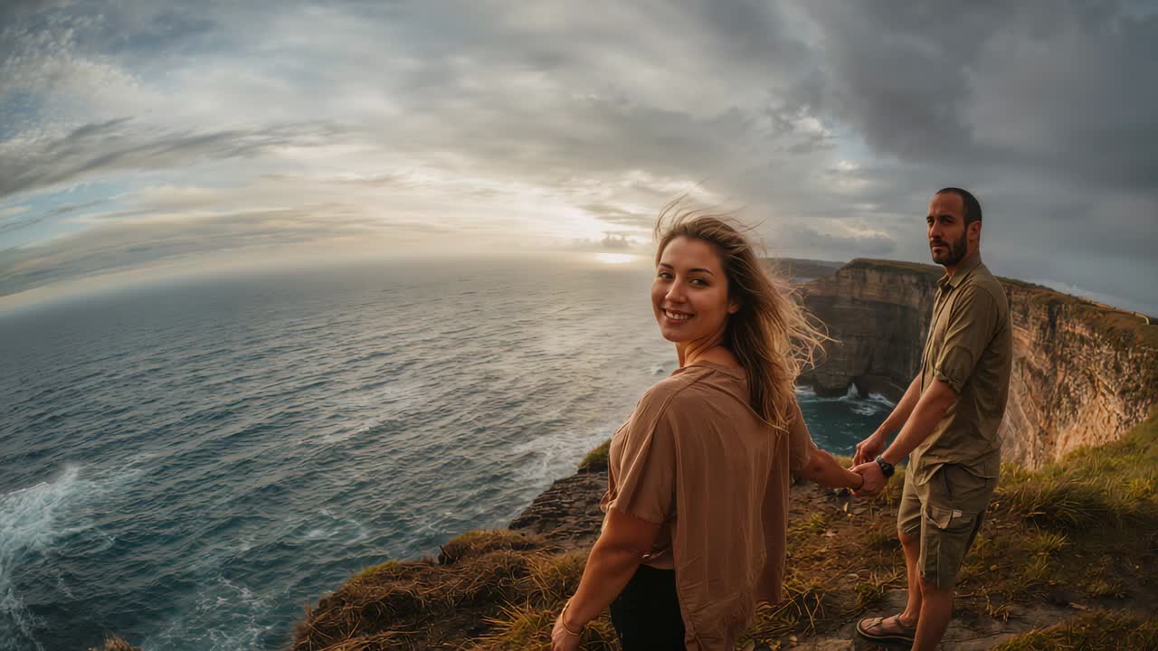 Standing couple holding hands, watching sun near horizon over ocean at cliff, man wearing sandals