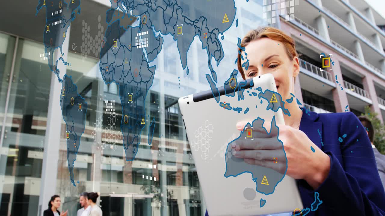 Woman holding tablet and tapping screen, causing AR map overlay showing business data for designers