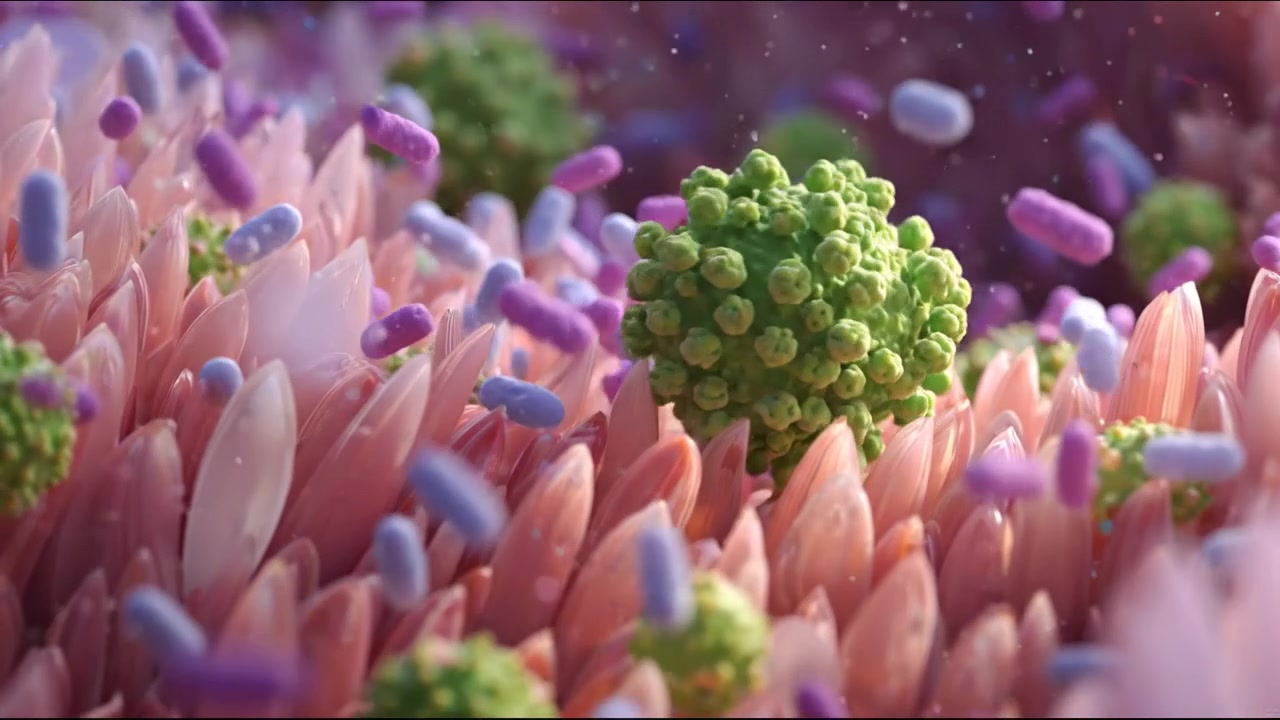 Mikroskopisk visning av bakterier og virus med menneskelige tarmtotter