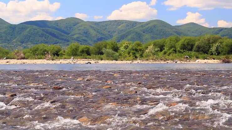 Fiume impetuoso con panorama montano e rapide rocciose. Paesaggio acquatico.
