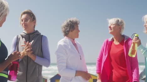 Sportliche-Frauen-Diskutieren-Am-Strand