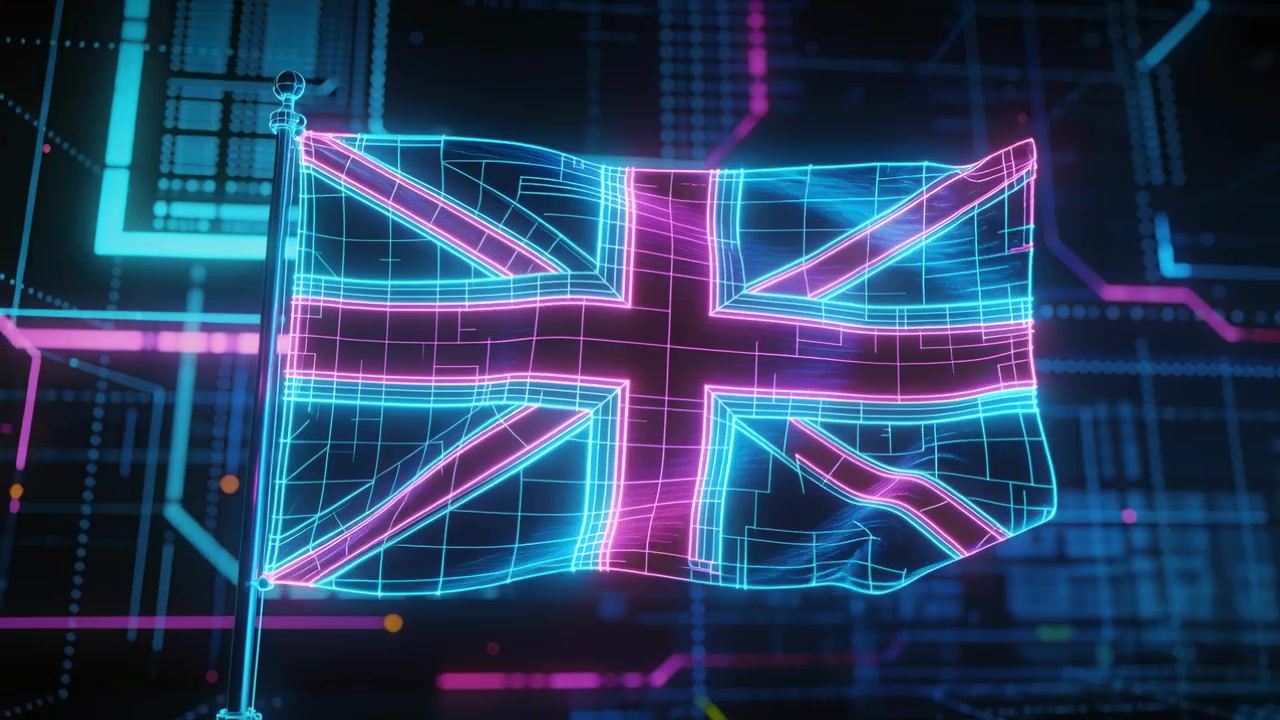 Bølgende neon wireframe Union Jack-flag på en metalstang, der reagerer på pulserende lys i et datacenter.