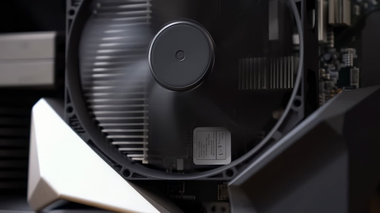 Nærbillede af en computers blæser, der snurrer indeni, viser sorte cirkulære blæserblade, aluminiums kølepladefinner og bundkort.